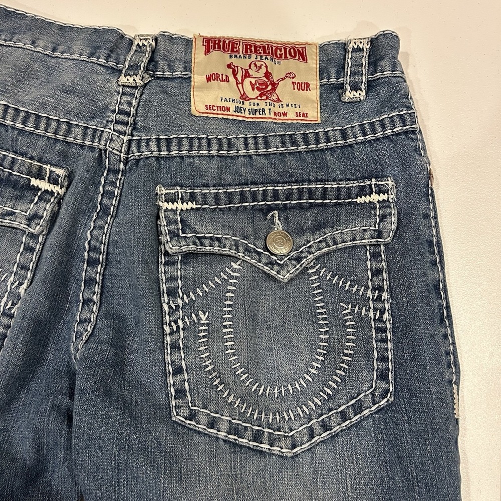 True Religion Joey Super T Jeans Mens 36 Actual 34x31.5 Thick Stitch Blue Flare